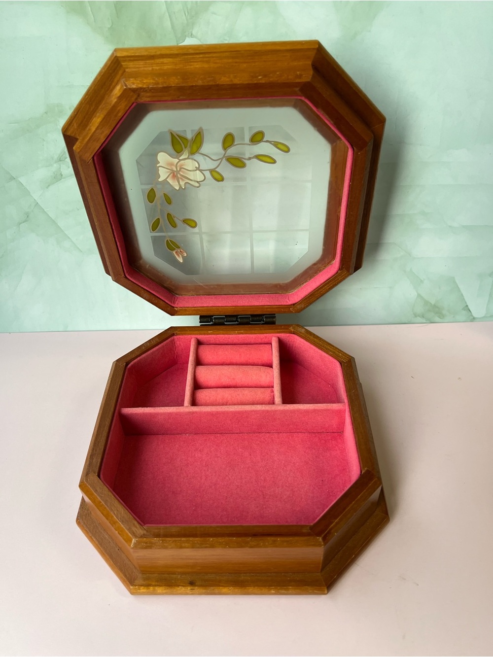Vintage Mele Octagonal Wooden Jewelry Box Stained Glass Floral Top 1980s - Picture 2 of 10